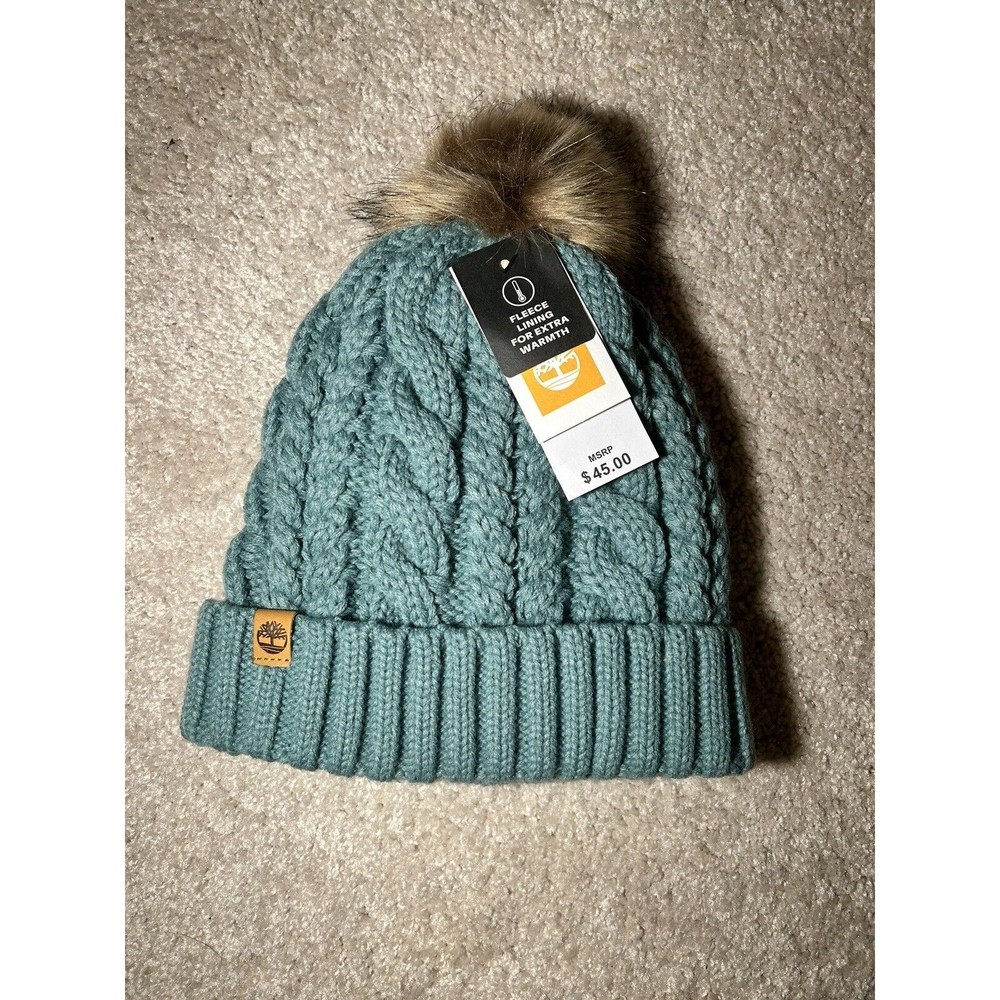 NWT Timberland Cable Knit PomPom Beanie with Fleece Lining